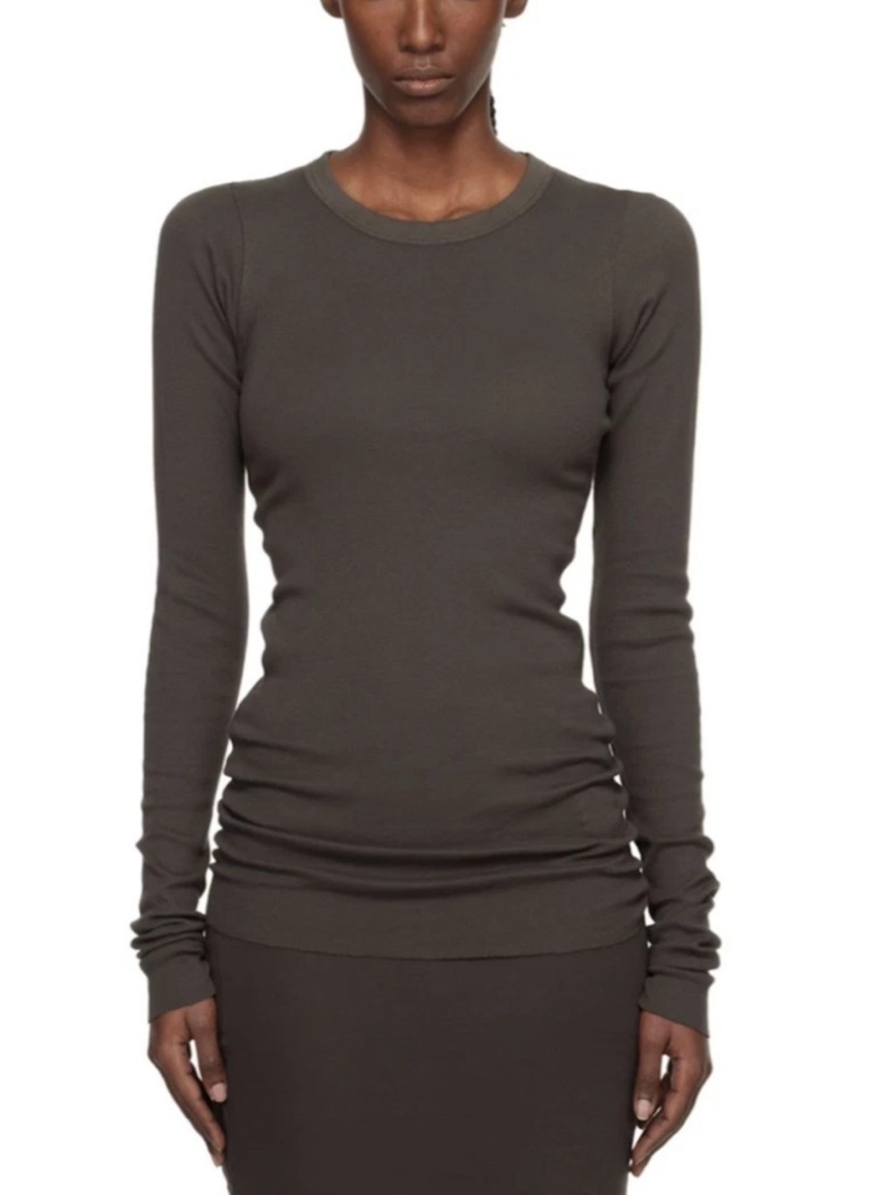 NEW Rick Owens Ribbed Long Sleeve Wool Blend Top In Bosco Size 6